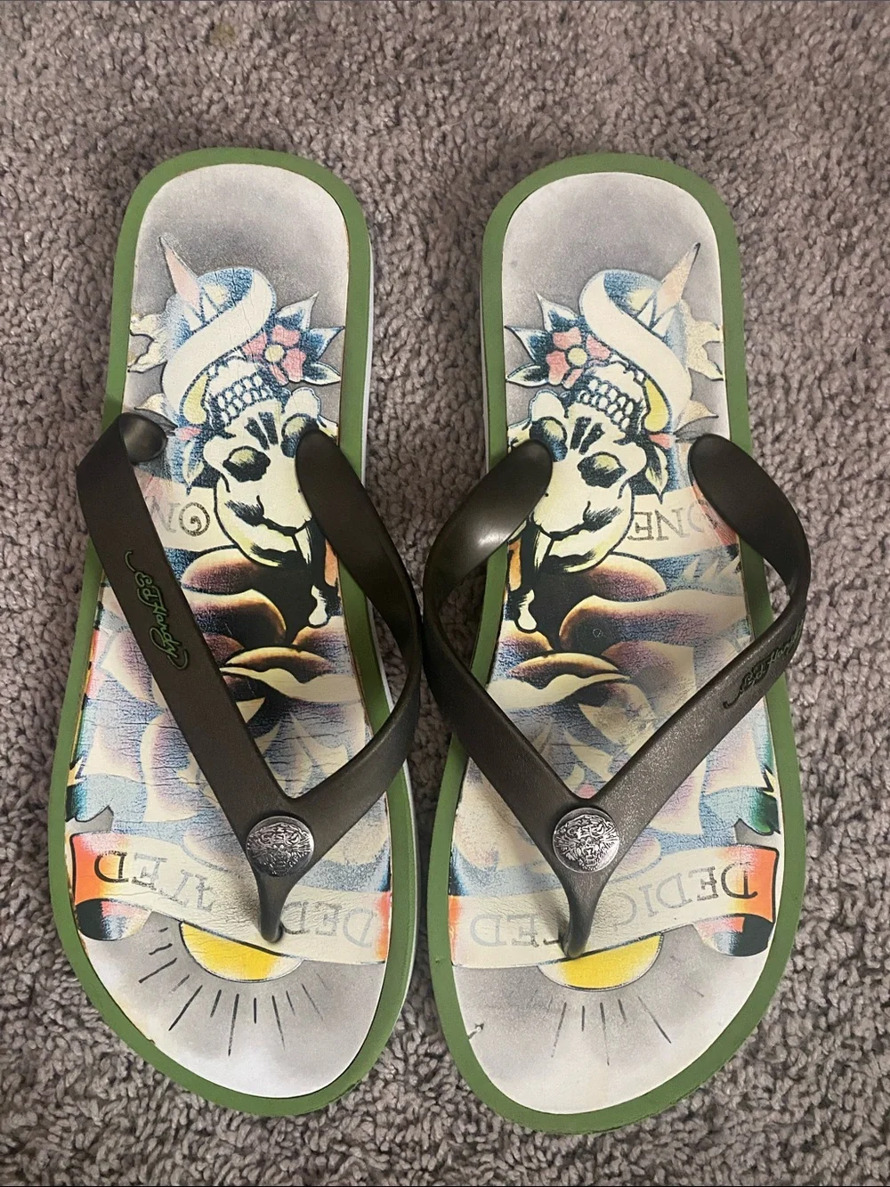 Vintage Ed Hardy Tattoo-Print Flip Flops in Green and Black
